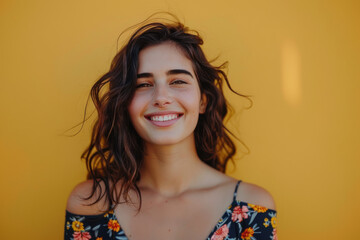 A woman in a floral dress smiles in front of a yellow wall