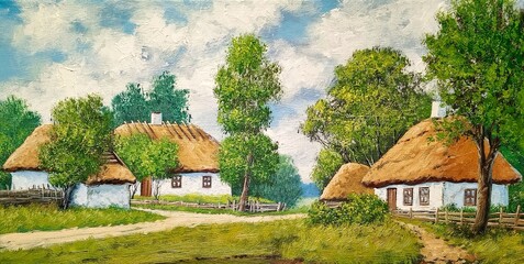 Oil paintings rustic landscape, fine art, old house on the river, landscape with house and pond