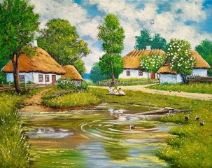 Oil paintings rustic landscape, fine art, old house on the river, landscape with house and pond