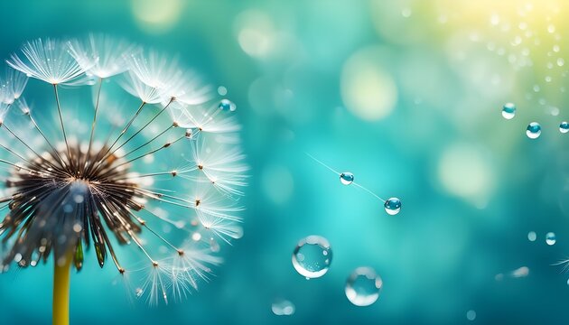 Dandelion Seeds in droplets of water on blue and turquoise beautiful background with soft focus in nature macro. Drops of dew sparkle on dandelion in rays of light, stock photos, abstract wallpapers