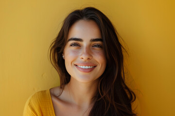 A woman is smiling in front of a yellow wall
