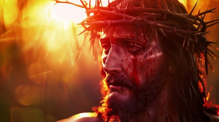 A man with a crown on his head and blood on his face