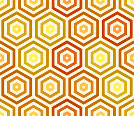 Seamless geometric pattern. Orange color tones gradients. Stacked hexagon bold mosaic cell. Large hexagons. Seamless pattern. Tileable vector illustration.