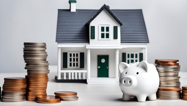 A house bank next to a pile of coins and house property, real estate investment, savings, budget and home loan, mortgage, ownership, stock photos
