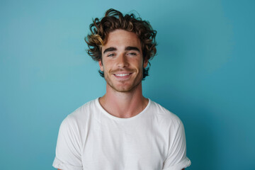 A man with curly hair wearing a white shirt smiles for the camera