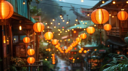 Vibrant Orange Lanterns Adorning Crowded Street