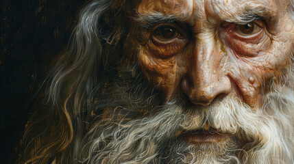 A man with a beard and white hair is staring at the camera