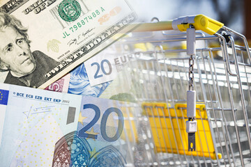 Market prices. Shopping cart money. Metal shopping basket. Cost of shopping. Supermarket shop. Promotions and discounts. Inflation background. Euro and dollar currency.
