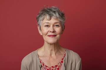 A woman with gray hair is smiling in front of a red background