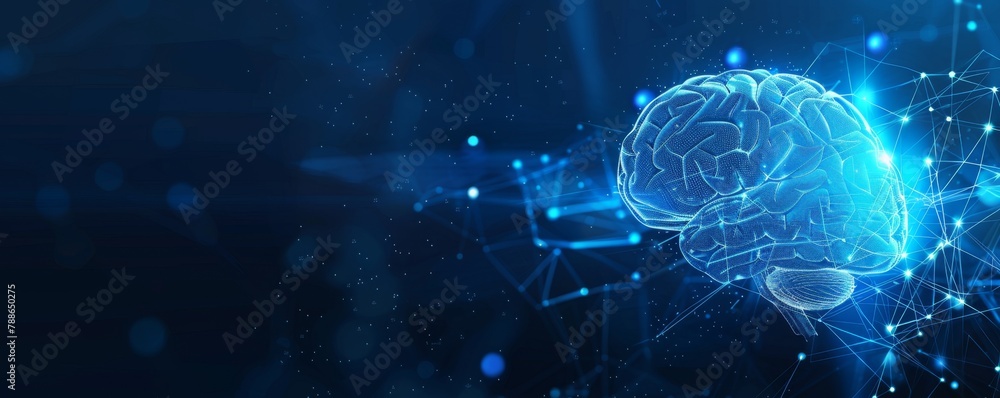 Poster abstract digital brain with glowing lines and blue background presentation design generative ai