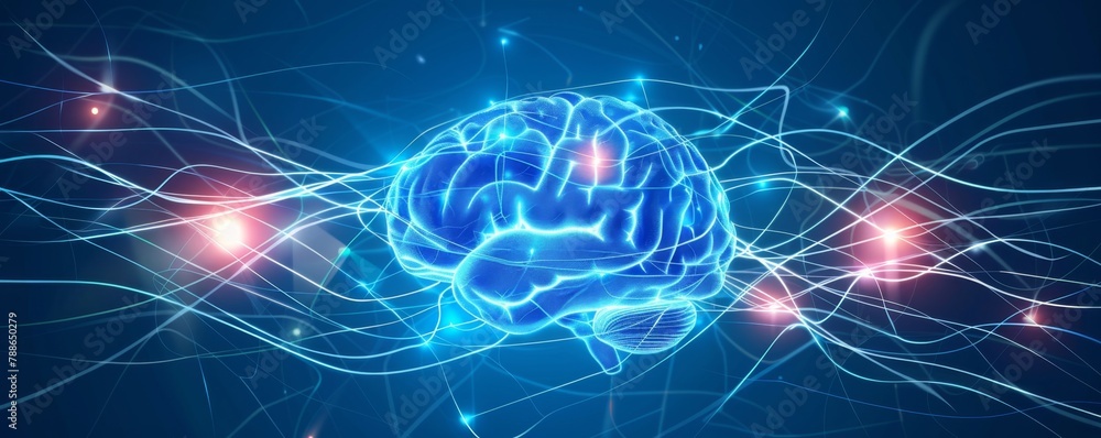 Poster digital brain with glowing lines and blue background generative ai