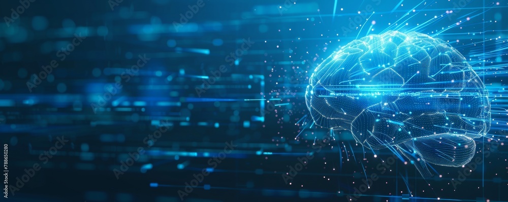 Poster abstract digital brain with glowing lines and data flow in a blue background ai technology concept i