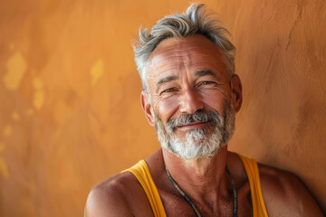 A man with a beard and a yellow tank top smiles for the camera