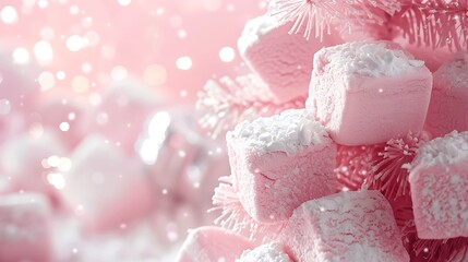 closeup of pink marshmallows in shaped fir on pink background