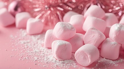 closeup of pink marshmallows in shaped fir on pink background