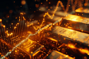 A close up of gold bars with a graph of numbers above them