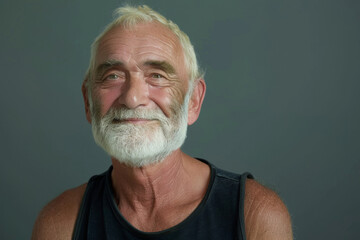 A man with a beard is smiling and wearing a black tank top