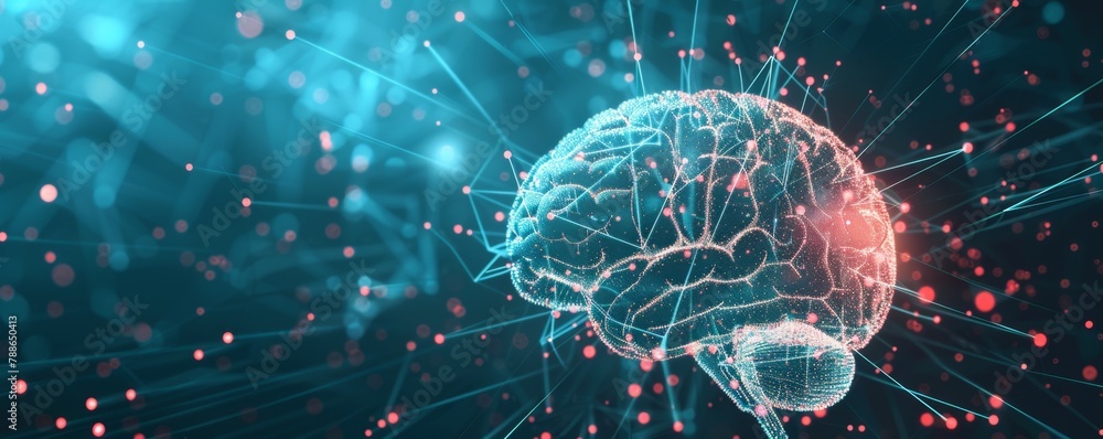 Poster abstract digital brain with glowing lines and holographic elements on blue background, concept of ar