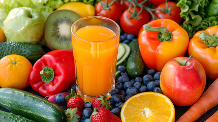 Fototapeta na wymiar Vibrant Display of Fresh Fruits, Vegetables and Refreshing Orange Juice Representing Balanced Nutrition