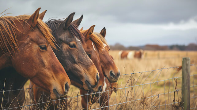Four horses are standing next to each other, with their heads close together
