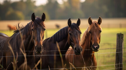 Four horses standing in a field with a wooden fence in the background