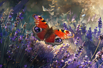 A red and purple butterfly is flying through a field of purple flowers - obrazy, fototapety, plakaty