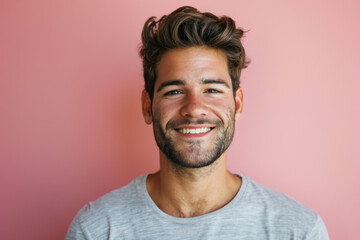 A man with a beard is smiling in front of a pink background