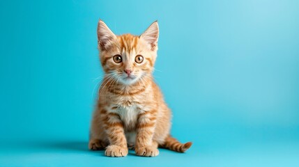 Obraz premium Creamy tabby scottish straight shorthair two monthes cat isolated on blue background
