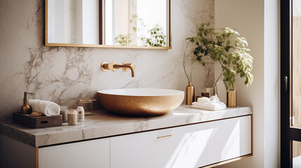 Beautiful, chic and modern marble sink, bathroom interior with gold finishes 