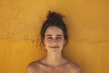 A woman is smiling in front of a yellow wall