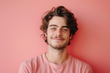 A man in a pink shirt is smiling in front of a pink wall