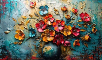 Modern painting, abstract art, metal element, texture background, flowers, plants, vase with flowers --ar 5:3 --stylize 250 Job ID: 0fc87aec-909a-4bfc-9fce-8c8ab629e88d - obrazy, fototapety, plakaty