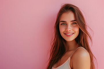 A woman with long hair is smiling against a pink background