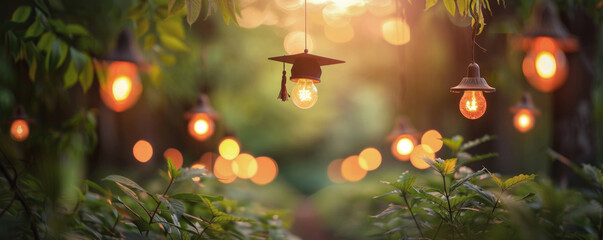 Graduation cap hangs on illuminated bulb in tranquil garden, bokeh lights twinkle among leaves. Symbol of academic achievement merges with nature's serenity