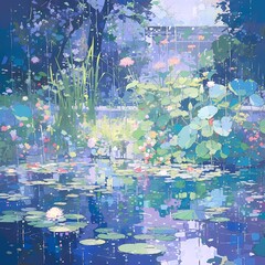 A captivating impressionistic scene of a garden bathed in the soothing sounds of rainfall.