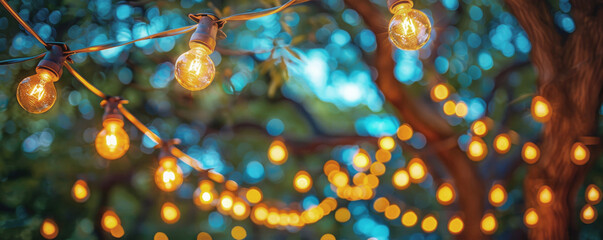 String of glowing bulbs winds through branches, bokeh orbs dance in backdrop. Festive atmosphere created by warm light amidst twilight blue