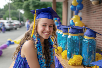 Bright eyed graduate in blue cap smiles joyfully, festive decorations blur softly behind. Pride and happiness radiate on her special day