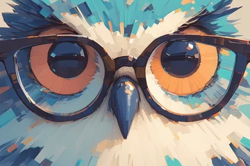 Foto op Plexiglas A colorful owl with glasses a surreal animal illustration, with blue and orange tones © Photo And Art Panda