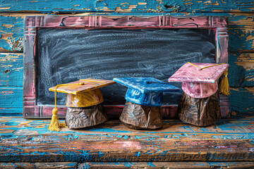 Colorful graduation caps on rustic desk in front of vintage chalkboard symbolizing educational accomplishment. Peeling paint adds to nostalgic charm