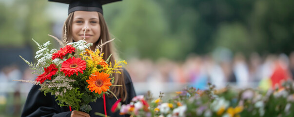 Graduate holding vibrant bouquet smiles, blurred audience in background suggests celebratory event. Joyful milestone emphasized with vivid flowers