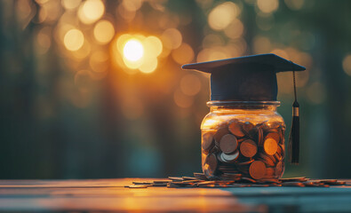 Graduation cap atop jar filled with coins, sunset backdrop evokes investment in education. Concept of saving for academic goals illuminated by evening light