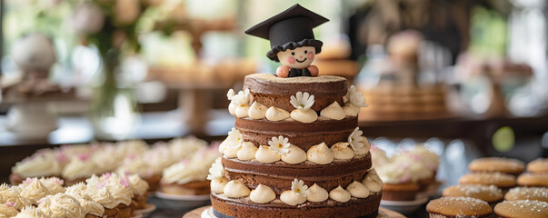 Layered chocolate cake with graduation cap topper, celebration sweets on display. Confectionery delight marks festive and joyful academic accomplishment