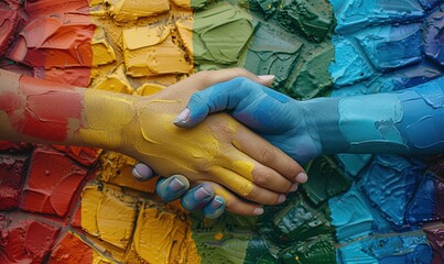 Handshake. Two people shaking hands against the background of a colorful wall