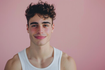 A young man with curly hair is smiling and wearing a white tank top
