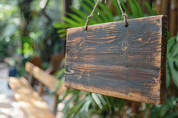 Rustic wooden sign hangs by rope, blank inviting customization against verdant background. Botanical garden setting with blurred greenery frames signage