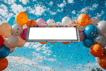 Celebratory balloons and confetti frame blank banner in sky, joyous backdrop for festive announcements. Clear blue sky enhances cheerful mood