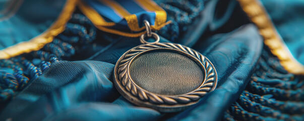Golden medal on blue satin ribbon, detailed texture signifies honor and achievement. focus on award highlights victory and distinguished recognition