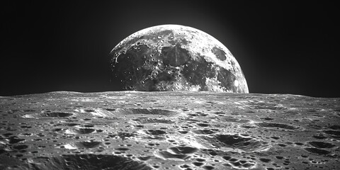 Moon surface from space in black and white - obrazy, fototapety, plakaty