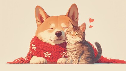Fototapeta premium A cute dog and cat cuddle together, holding a red heart-shaped knitted blanket between them. 
