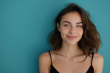 A woman in a black tank top smiles in front of a blue wall